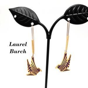 Laurel Burch Long Ear Wire Bird Earrings, Purple Enamel, Gold Plated, 1990s